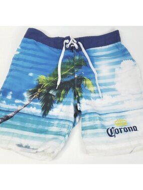 Corona Swim Shorts Hawaiian Swim Trunks Mens Medium Blue Mesh Lined Drawstring